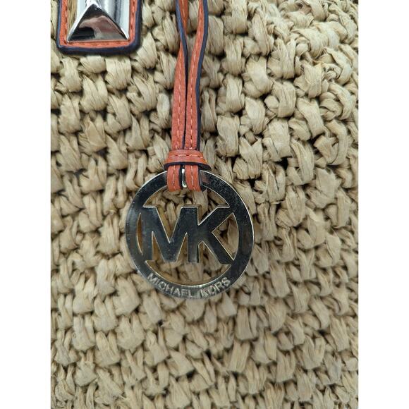 Michael Kors Santorini Large Straw Basket Tote Beach Bag Orange Leather Trim - Picture 9 of 10